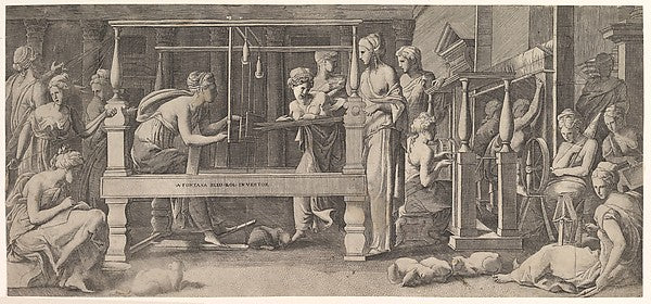 Women spinning  weaving and sewing mid-16th cent-Master FG, Af,16x12