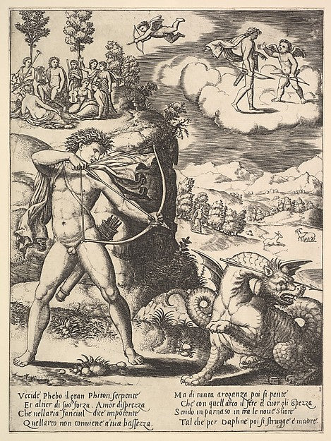 Apollo standing at left shooting a python with an arrow  above,  Poster Print Wall Art