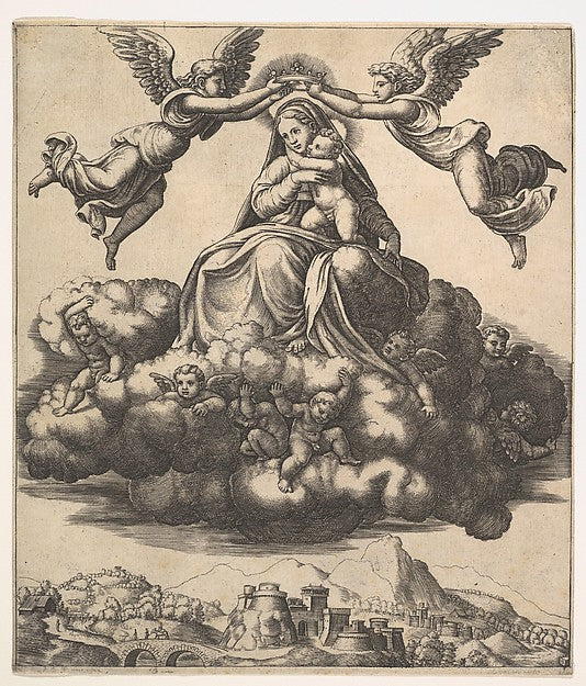 The Virgin seated on clouds being crowned by angels 1530–60-Ma,  Poster Print