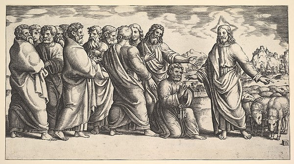 Christ standing at left indicating to a flock of sheep  before,  Poster Print