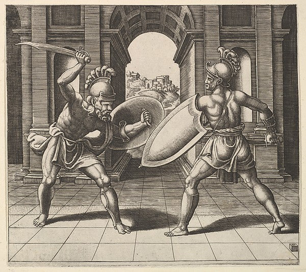Two gladiators fighting in front of an arch 1530–60-Master of ,  Poster Print
