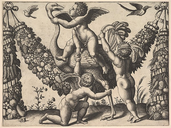 Three putti before a large garland  the one in the middle ride,16x12"(A3) Poster