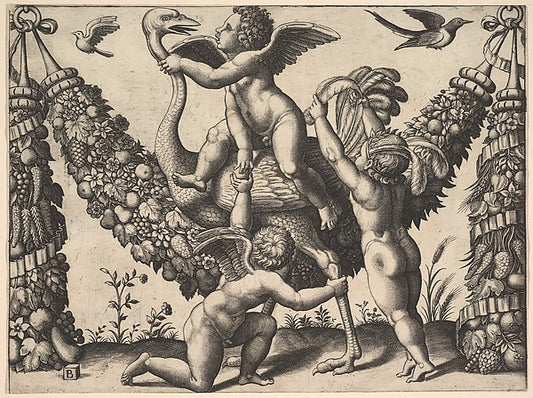 Three putti before a large garland  the one in the middle ride,16x12"(A3) Poster