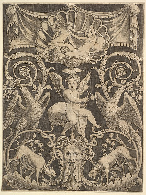 A panel of ornament with a putto in the centre holding a windm,16x12"(A3)Poster