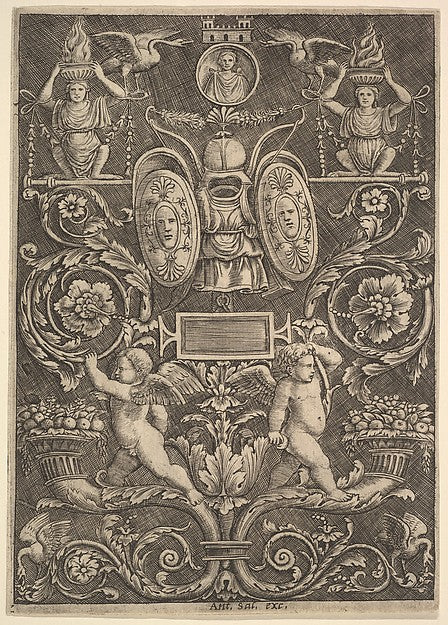 A panel of ornament  putti standing on cornucopia in lower sec,16x12"(A3)Poster