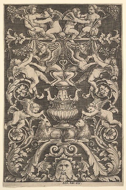A panel of ornamnet with putti  goat and other figures 1530–60,16x12"(A3)Poster