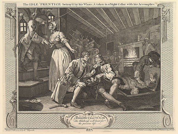 The Idle 'Prentice Betrayed by his Whore and Taken into a Nigh,  Poster Print