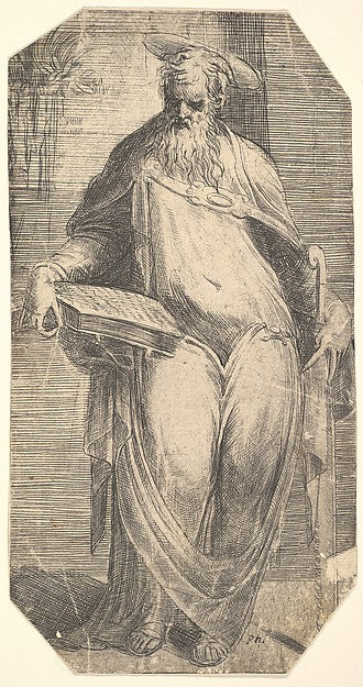 Saint Simon standing  supporting a book on his right thigh  fr,  Poster Print
