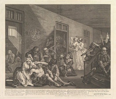 William Hogarth:A Rake's Progress Plate 8 [June 25, 1735] reissued 1763, vintage artwork, 16x12"(A3) Poster Print