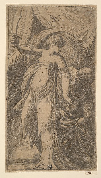 Judith with her sword raised in her right hand and placing the,  Poster Print