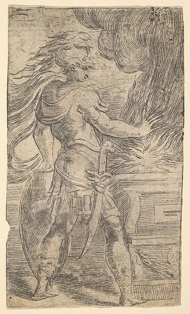 Mutius Scaevola placing his hand in the flames  c1540-Andrea S,16x12