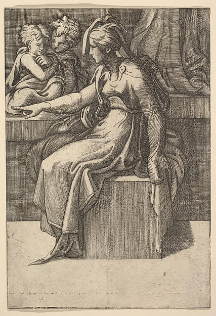 Seated Woman with two Children 16th cent-Anonymous, Italian, 1, Poster Print