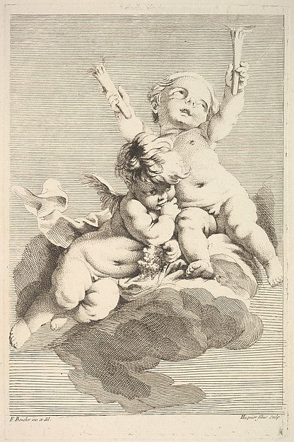 Two Cupids  One Holding Torches mid to late 18th cent-Jacques ,16x12