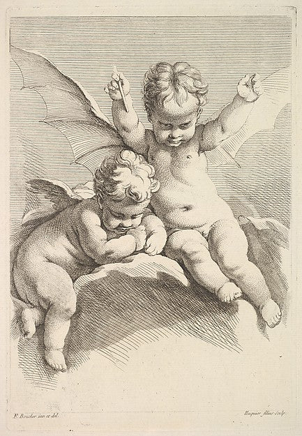 Two Cupids  One with Bat Wings mid to late 18th cent-Jacques G,16x12