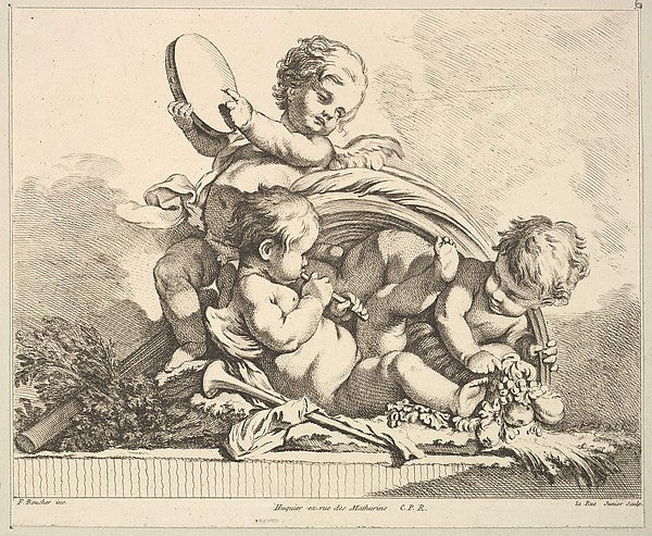 Three Cupids  Two Playing Music  One Holding Palm Leaves-Louis,  Poster Print Wall Art