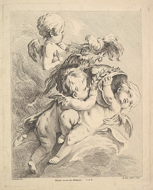 Three Cupids Holding a Helmet-Louis Félix de La Rue, After Fra,16x12