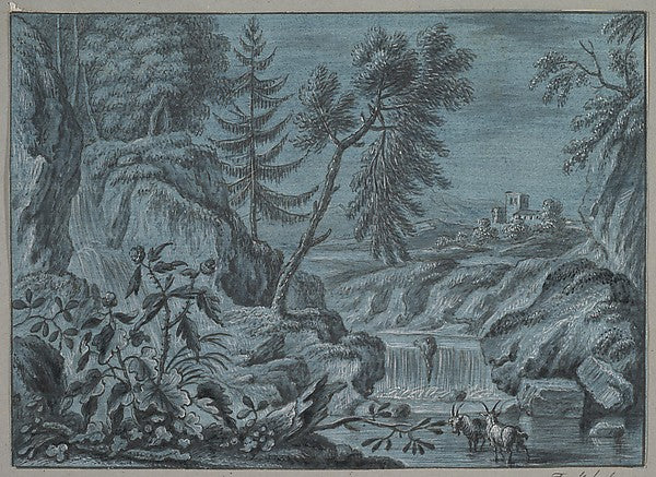 Southern Landscape with a Waterfall and Goats late 18th cent-A,  Poster Print