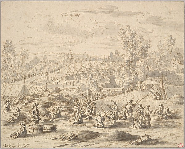 Josua de Grave:Peasants in a Landscape with a Military Camp-16x12"(A3) Poster