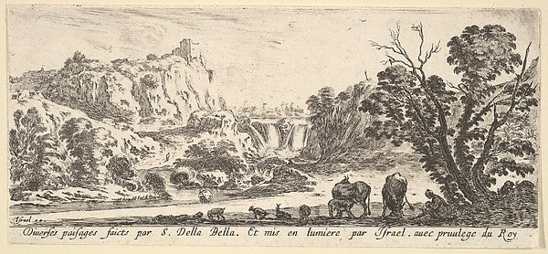 Stefano della Bella :A waterfall descending from the mountai-16x12"(A3) Poster