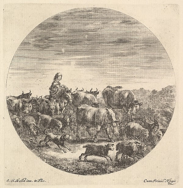 Stefano della Bella :A peasant woman seated on a horse to le-16x12"(A3) Poster