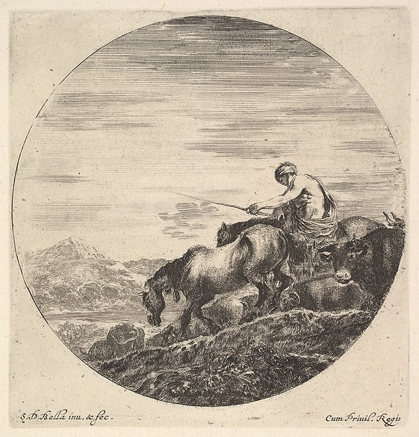 Stefano della Bella :A shepherd at right facing left driving-16x12"(A3) Poster
