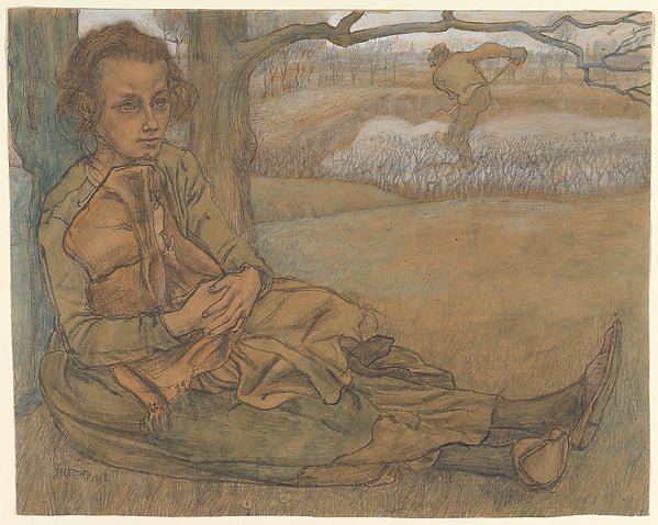 Jan Toorop:Woman and Child Resting a Man Working in the Fiel-16x12"(A3) Poster