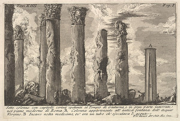 Seven columns of the Temple of Juturna with Corinthian capital,  Poster Print Wall Art