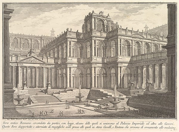 Ancient Roman forum surrounded by porticoes  with loggias  som,16x12