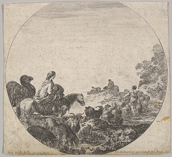 Stefano della Bella:Plate 5: a woman carrying a child on a h-16x12"(A3) Poster