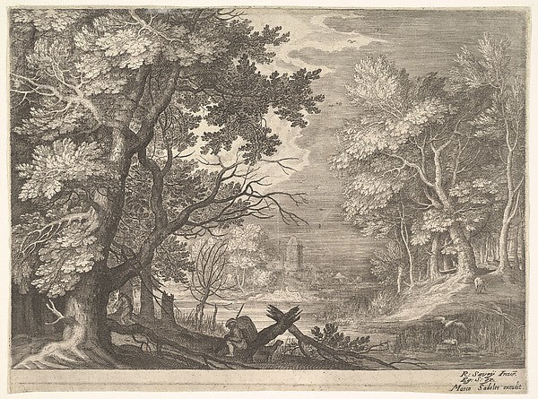 Woodland scene with marshy banks  two men and a dog in profile,  Poster Print Wall Art