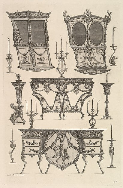 Miscellaneous furniture including two sedan chairs  a side tab,  Poster Print Wall Art