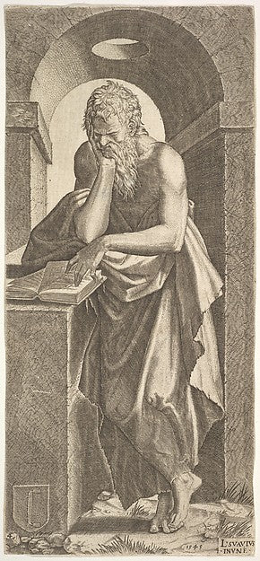 St. Simon standing before an open book with the fingers of his,  Poster Print Wall Art