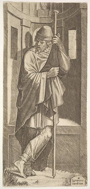 St. James Major leaning on a pole before a niche  his left leg,  Poster Print Wall Art