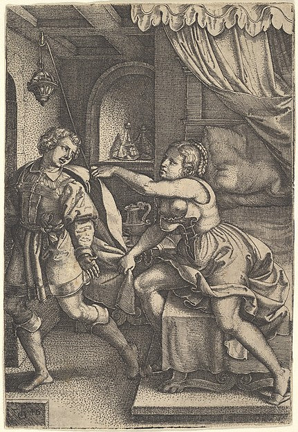 Joseph strides away from Potiphar's wife  who clutches his clo,  Poster Print Wall Art