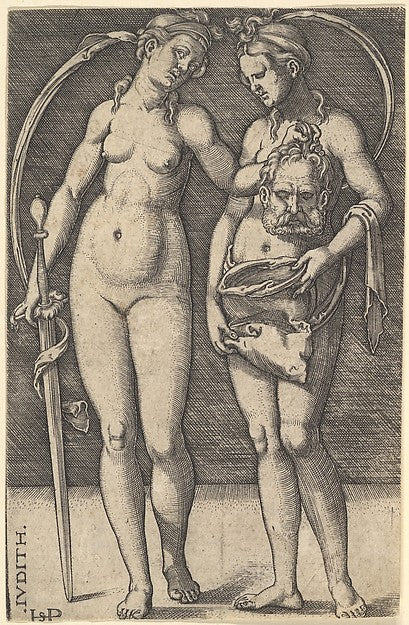 Judith standing to right and holding the head of Holofernes in,  Poster Print Wall Art