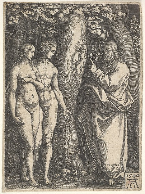 God at right forbidding the nude Adam and Eve at left to eat f,  Poster Print Wall Art