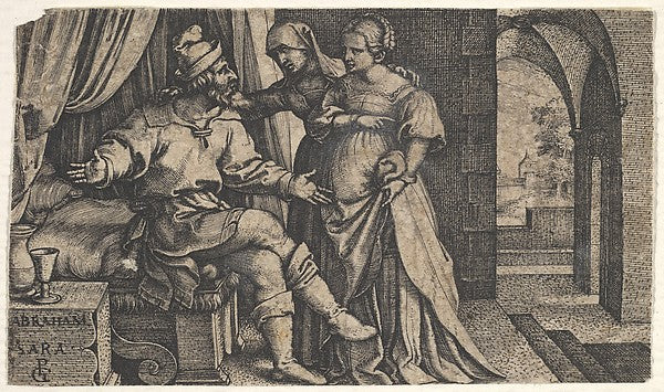 Sarah presenting Hagar to Abraham  who sits at the foot of a b,  Poster Print Wall Art