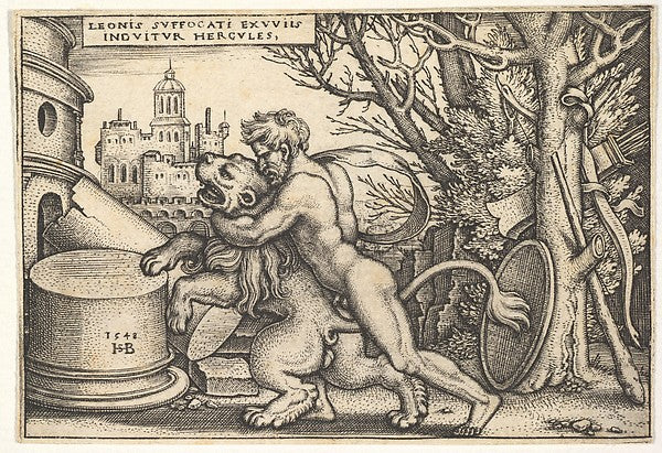 Hercules  in profile  killing the Nemean lion with his arm aro,  Poster Print Wall Art