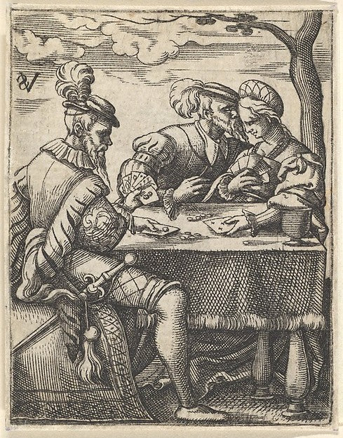 Two men and a woman playing cards at a table  one man pressing,  Poster Print Wall Art
