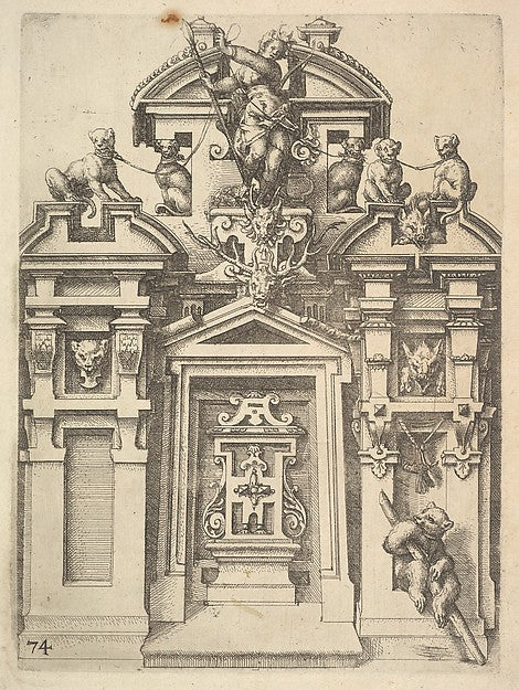 Wendel Dietterlin, the Elder:Design for an Architectural Structure with a Hunting Theme  Plate 74 from Dietterlin's Architettura 1598, vintage artwork, 16x12