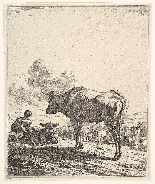 Cowherd with cow and calf on a hillside  the cowherd viewed fr,  Poster Print Wall Art