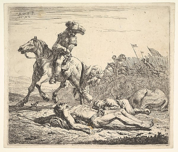 Battlefield with horseman looking over his left shoulder towar,  Poster Print Wall Art