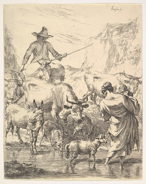 Le Troupeau Traversant Le Ruisseau-Nicolaes Berchem ,  Poster Print Wall Art