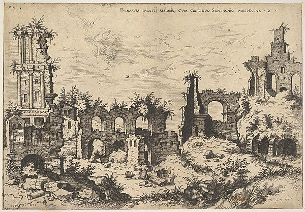 View of ruins on the Palatine Hill with trabeated facade at le,  Poster Print Wall Art