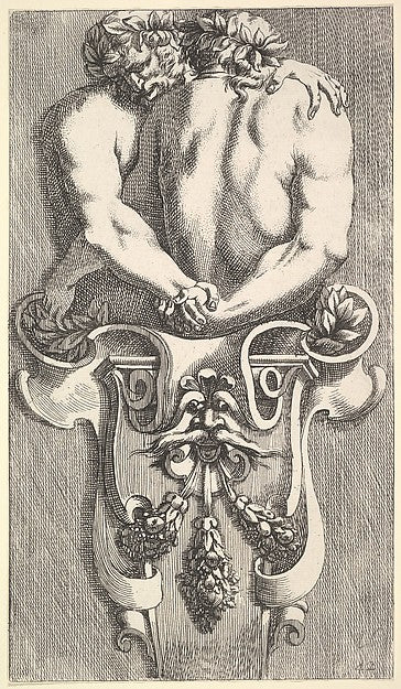 Design for a Term with Two Embracing Satyrs  from -  Curieuses r,  Poster Print Wall Art