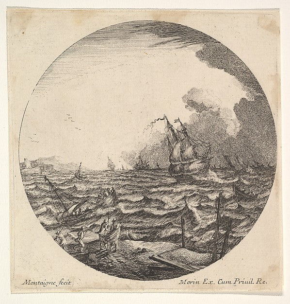 Tempest in a roundel composition  at left waves toss a small s,  Poster Print Wall Art