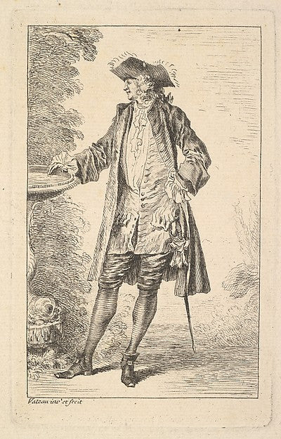Standing man with his right hand resting on a basin  shown in ,  Poster Print Wall Art