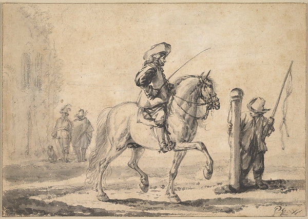 Philips Wouwerman:A Mounted Grey Horse Being Schooled in Pia-16x12"(A3) Poster
