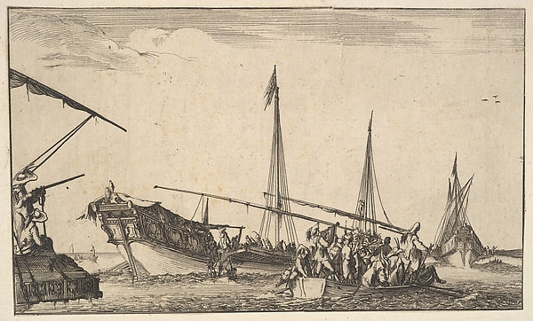 Stefano della Bella :A rowboat full of men at right a ship w-16x12"(A3) Poster