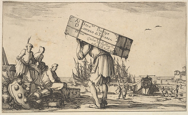 Stefano della Bella :Title page: a man carrying a case on hi-16x12"(A3) Poster